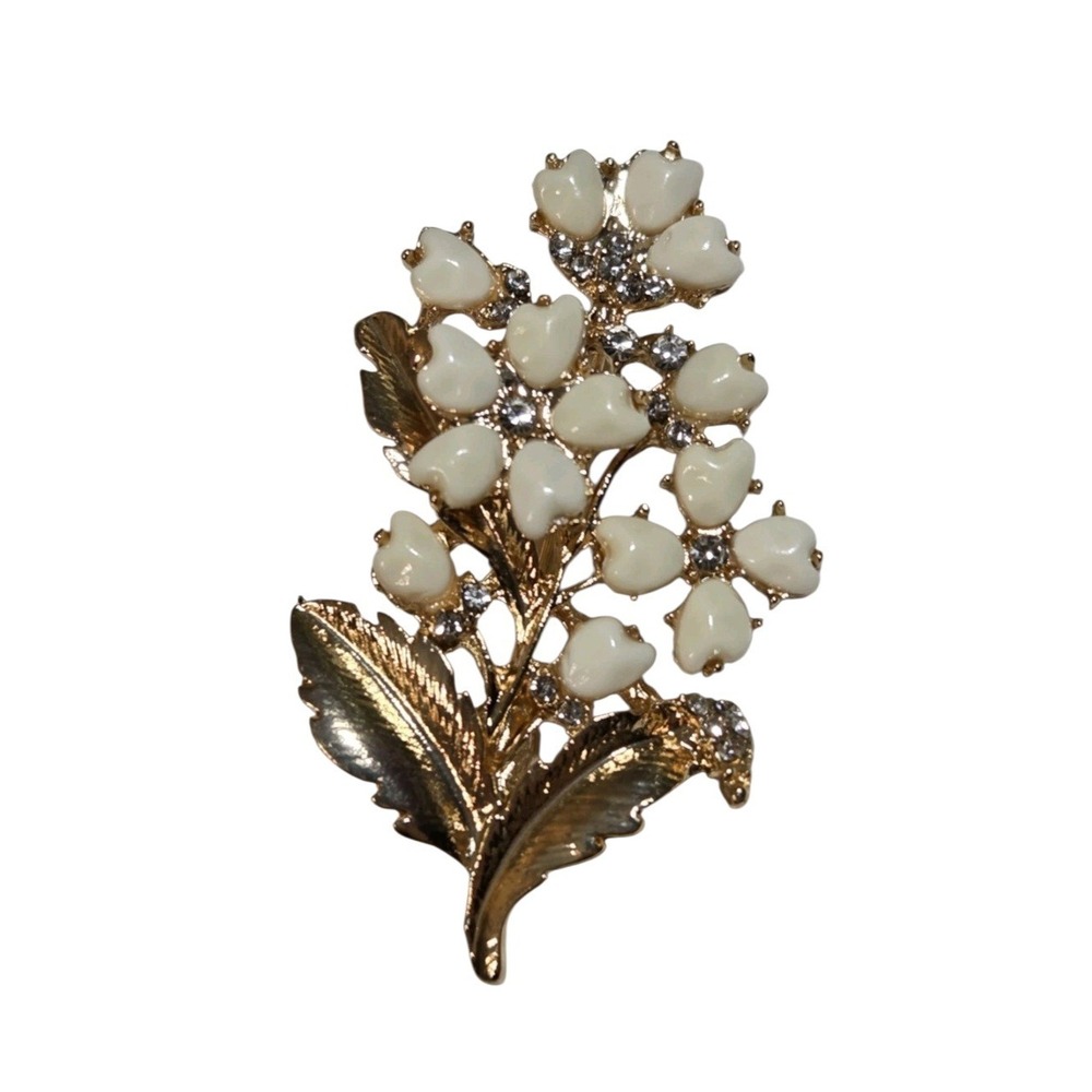 Floral Ivory-Tone & Rhinestone Gold-Tone Brooch